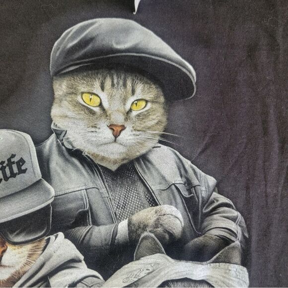 ODM Men T-Shirt Larg Black Cat Trio Hug Life Thug Gangster Graphic Crew Neck NWT - Picture 8 of 15